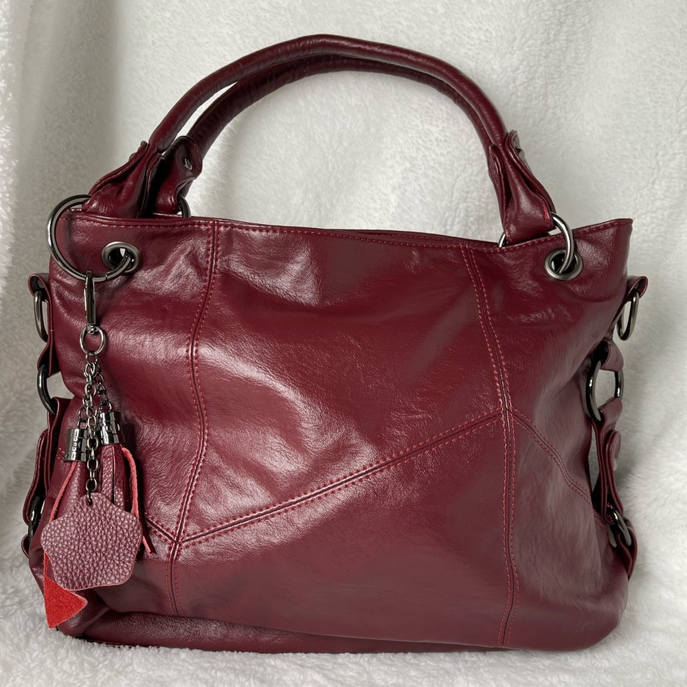 Burgundy leather tote Patchwork style bag